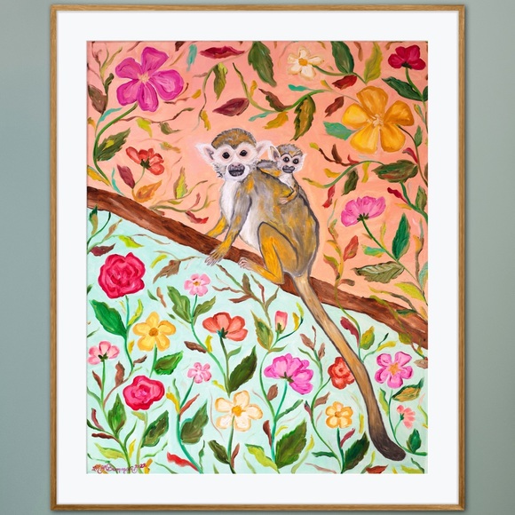Fine Art by Aren Dummer Other - Squirrel Monkeys Art Print Oil Painting tropical floral botanical animal decor